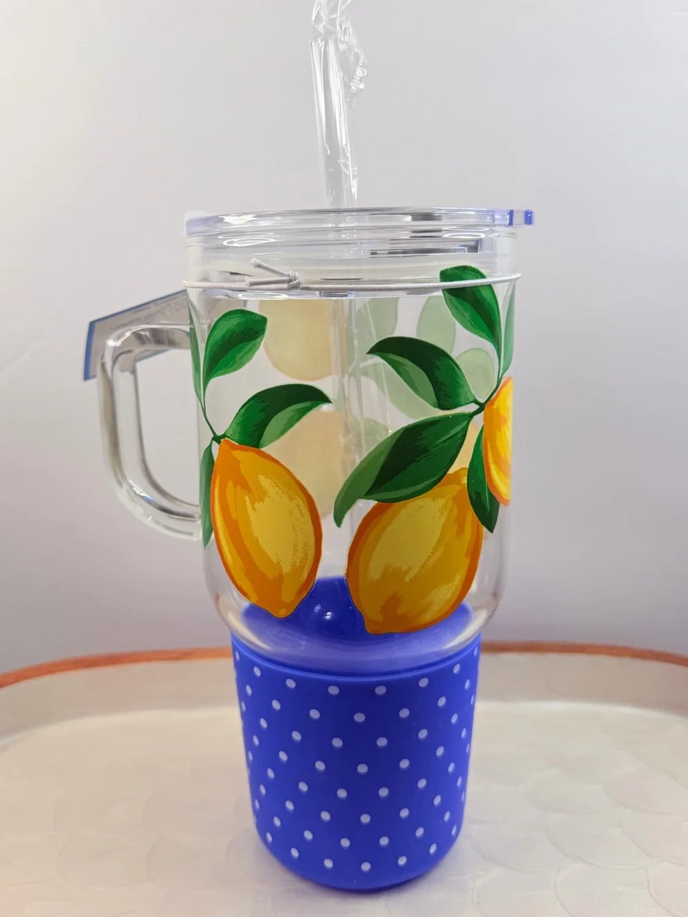 Draper James Glass Tumbler Straw For Hot & Cold Yellow Lemon Blue Polka Dot 39oz
